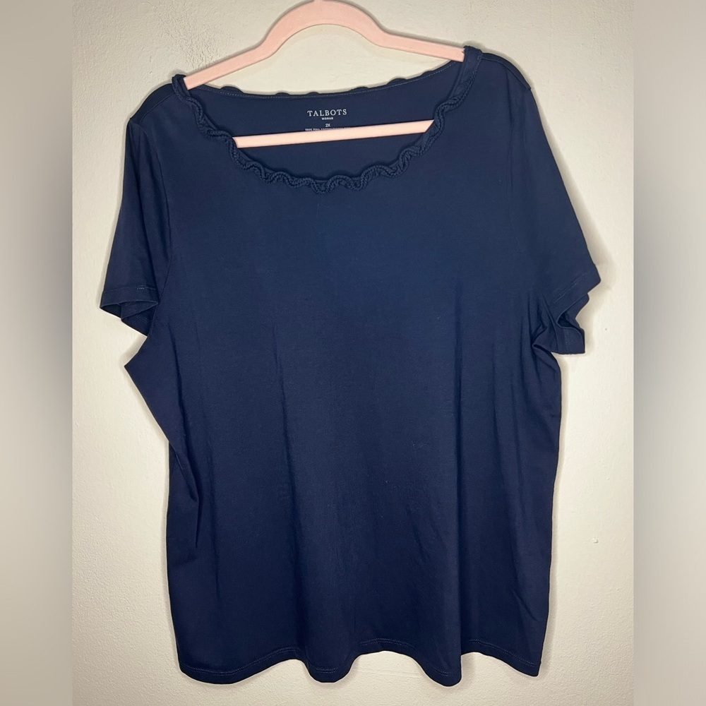Talbots 2X Blue Stretch Weekend Ruffle Neck Short Sleeve - Picture 2 of 5